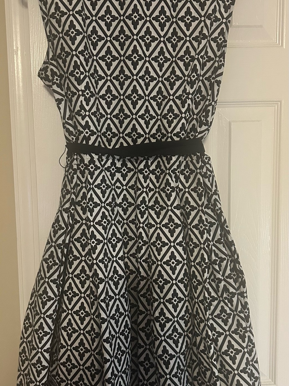 Talbots Black and White Geometric Belted Fit-and-Flare Dress - Picture 3 of 4